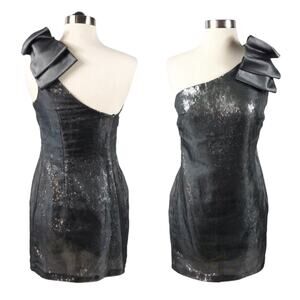 AQUA Cocktail Dress One Shoulder Metallic Silver Pewter Sequins Bow Accent 2
